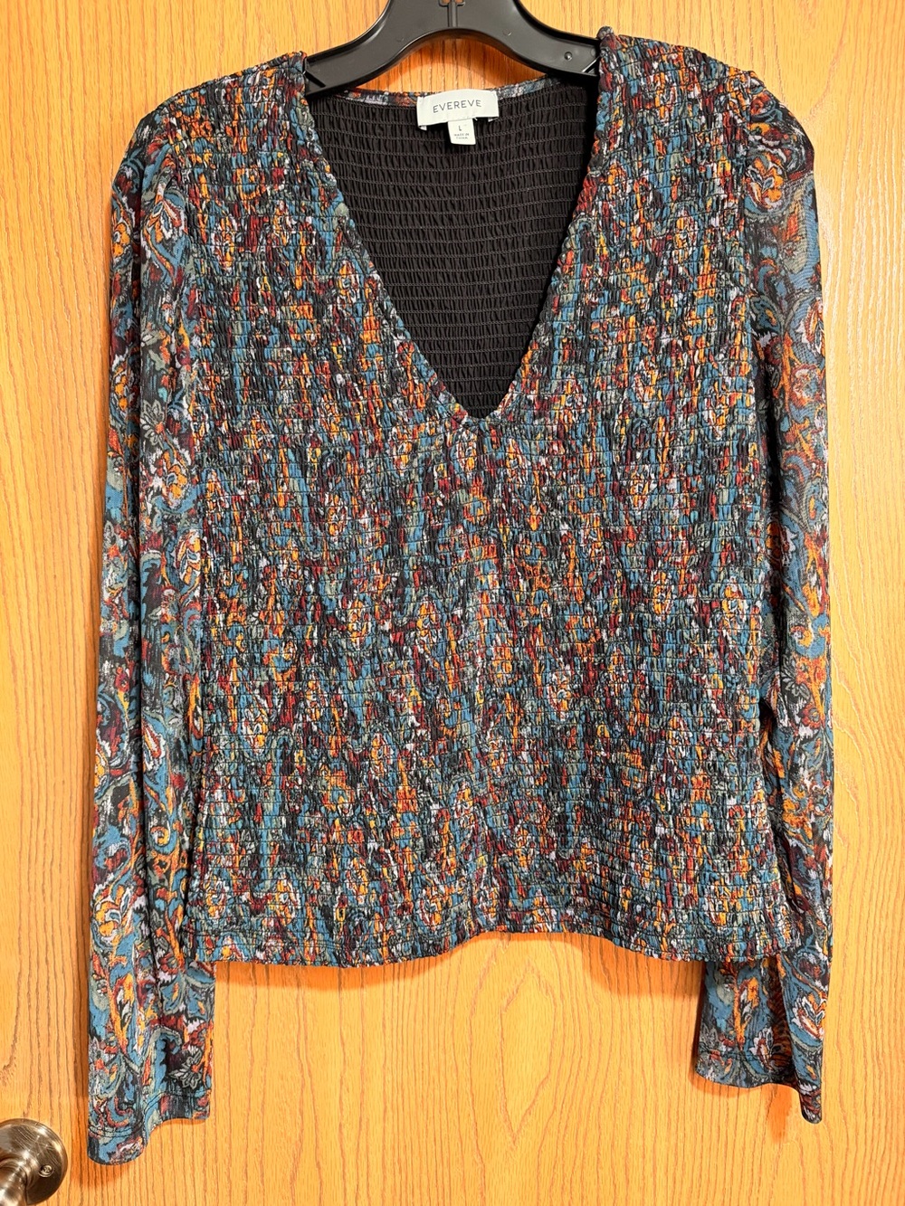 EUC Evereve Top in Green, Rust & Black with Smocked Body, Sheer Sleeves & V-Neck